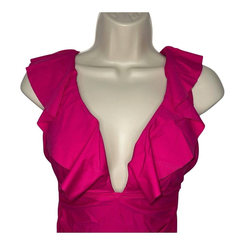 J. Crew Ruched Ruffle One Piece Swimsuit Pink NWT Size 10 Colorful Bright Girly - Picture 3 of 9